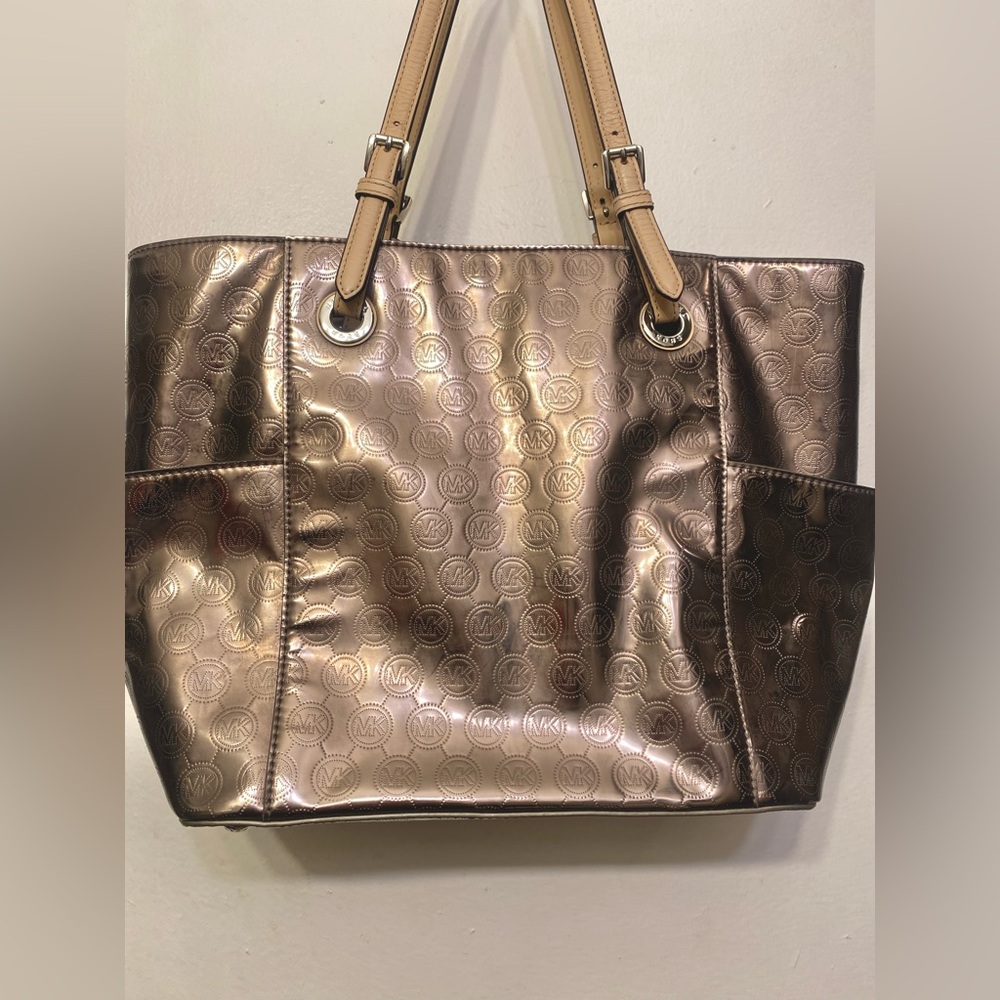 Michael Kors Bronze Metallic Logo Shoulder Purse Handbag Tote - Picture 7 of 14